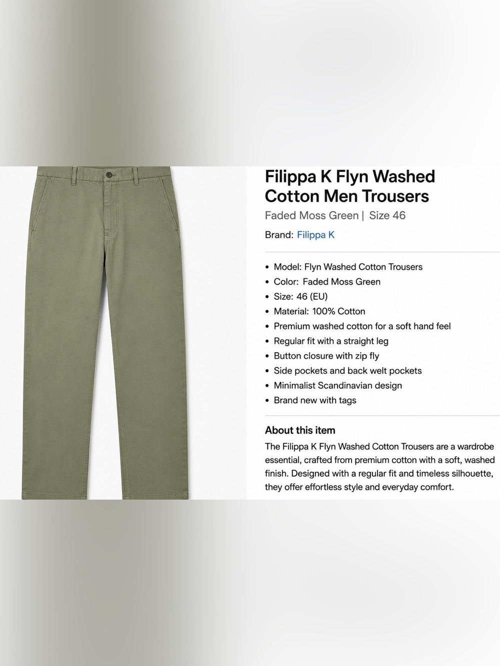 Filippa K Flyn Washed Cotton Men’s Trousers - Faded Moss Green - Size 46- New